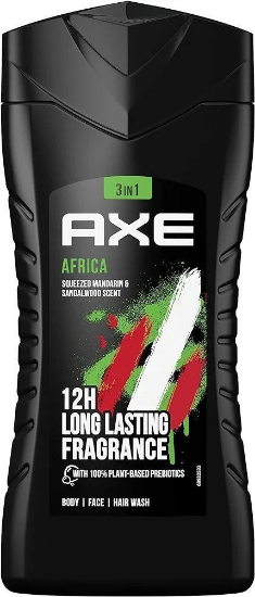 Axe Africa 3 في 1: جل الاستحمام، الشامبو، البلسم للرجال (تنظيف عميق، عطر لا يقاوم)